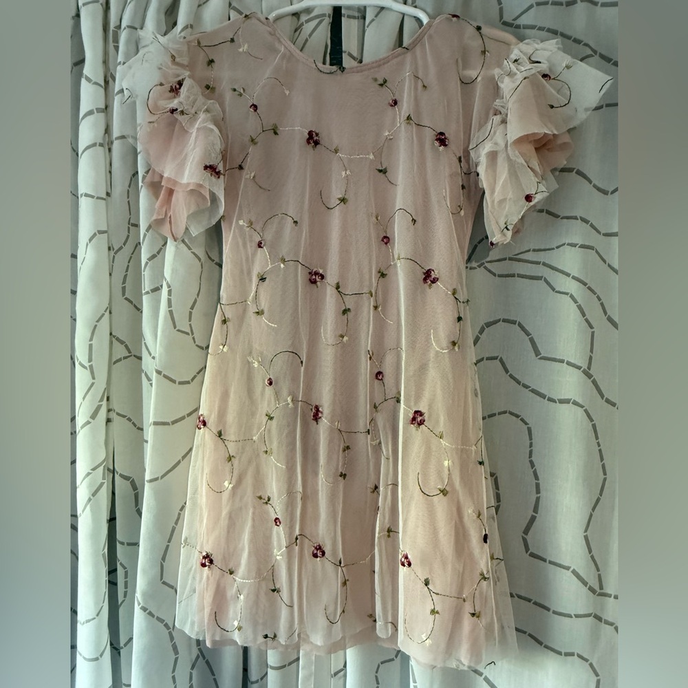 Weissman Elegant Sheer Dress with Floral Embroidery style# 11587